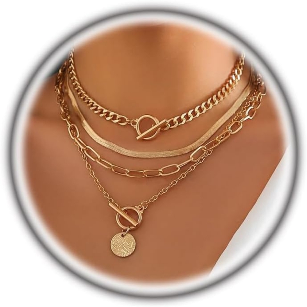 Gold Layered Chain Necklace Set Retro Cuban Coin Medallion Paperclip Heart Clasp